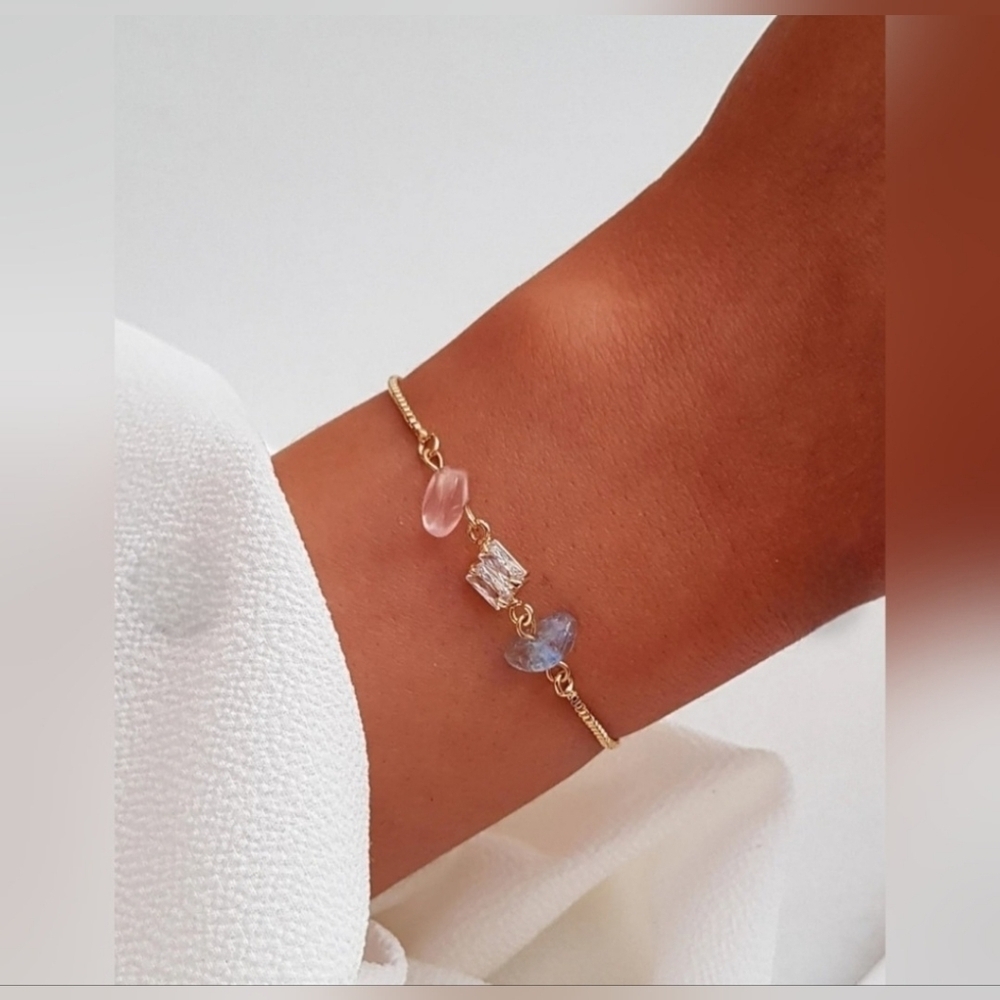 NWOT | Women's Rose Quartz, Aquamarine & CZ Crystal Bracelet | 18K Gold Plated - Picture 3 of 8